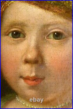 Antique 18th Century French Oil painting on Canvas Portrait of Girl with Peach