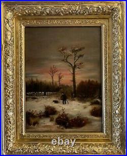 Antique 19 century original oil painting on canvas, Winter landscape, framed