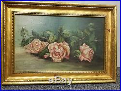 Antique 1900's Pink Rose Oil Painting On Canvas In Original Gold Frame Signed