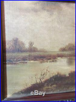 Antique 1907 original realistic LM fall river landscape oil painting on canvas