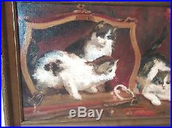 Antique 1914 O. B. Original Folk Art figural cats playing oil painting on canvas