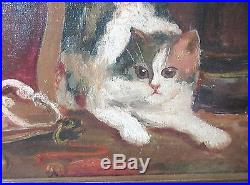 Antique 1914 O. B. Original Folk Art figural cats playing oil painting on canvas