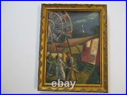 Antique 1920's Oil Painting Circus Americana Fair Carnival Wpa Ashcan Style Era