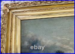 Antique 19C (1885) Nautical Oil Painting Tourists In Boat On River With Swans