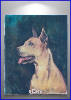Antique 19c Oil on Canvas Original Painting Portrait of Dog Vintage Signed 1859