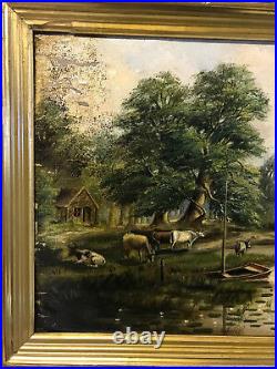 Antique 19th Century Oil on Canvas Board Painting of Cows in Landscape by Stream
