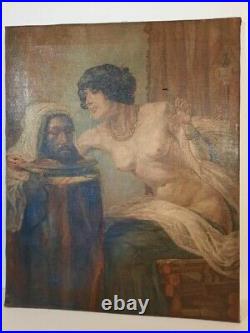 Antique 19th Orientalist oil painting Salome with the Head of John the Baptist