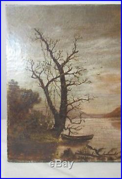 Antique 19th century original landscape nautical row boat oil painting on canvas