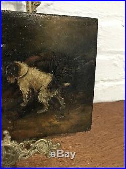 Antique C19th Oil On Canvas Terrier Dogs Jack Russel Signed Original Art