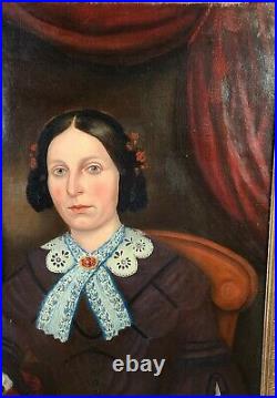 Antique Folk Art Oil Portrait Painting American Woman Southern Lady 19th century