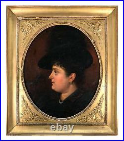 Antique French Oil Painting, Portrait of Woman c. 1840s, Fine Frame, Jewelry, Hat