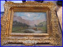 Antique French School Paint Oil on Canvas Original Frame Gild landscape Old 19th