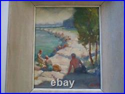 Antique Impressionist Oil Painting Coastal Beach Scene Wpa Era Listed U. S France