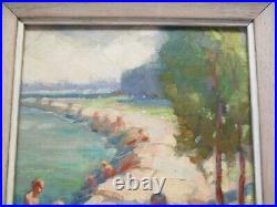 Antique Impressionist Oil Painting Coastal Beach Scene Wpa Era Listed U. S France