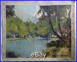 Antique Oil French Impressionist painting Lake in French by Leon LAUNAY