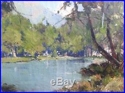 Antique Oil French Impressionist painting Lake in French by Leon LAUNAY