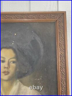 Antique Oil Painting O/C Boston School Portrait Of Young Women with Hat
