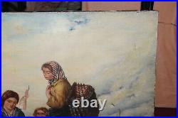 Antique Oil Painting On Canvas Women Cleaning Fish Clams Mussels Nautical