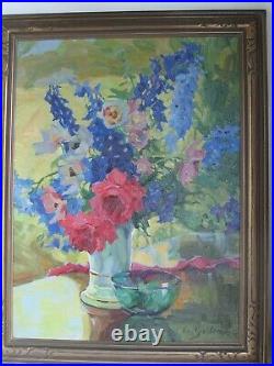 Antique Oil Painting of Anna Gasteiger's Anemons and Larkspur c. 1930's