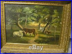 Antique Oil on Canvas Painting Cows in Woods withOriginal Victorian Frame