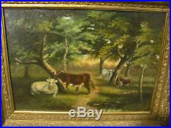 Antique Oil on Canvas Painting Cows in Woods withOriginal Victorian Frame