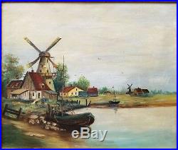 Antique Oil on Canvas Painting Landscape Windmill Boats Vintage 1922 Original