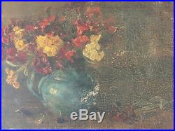 Antique Oil on Canvas Still Life Painting Jug Flowers Signed Small 30x23cm p18