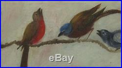 Antique Original Oil Painting of Song Birds on Branch, Nailed, Canvas