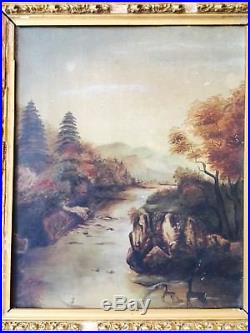 Antique Original Oil on Canvas Landscape with Deer in Aesthetic Gilt Gesso Frame