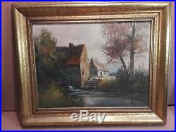 Antique Original Signed Oil Painting On Canvas House River Landscape