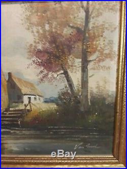 Antique Original Signed Oil Painting On Canvas House River Landscape