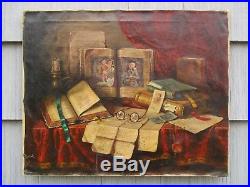 Antique Original Trompe-I'oeil Oil on Canvas Painting by Mystery Artist