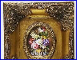 Antique Oval Oil on Canvas Still Life Floral Flowers Painting Ornate Gilt Frame