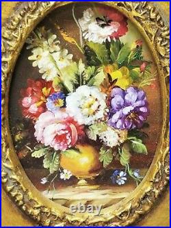 Antique Oval Oil on Canvas Still Life Floral Flowers Painting Ornate Gilt Frame