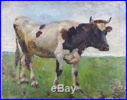 Antique Painting Cow in the Pasture Oil On Canvas Original Old Vintage