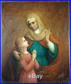 Antique Painting Religious Scene Oil On Canvas Original Old Vintage