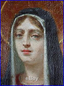 Antique Painting The Virgin Mary Oil On Canvas Original Old Vintage