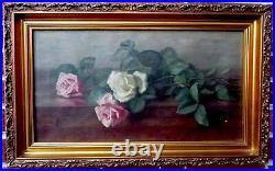Antique Pink WHITE ROSES Oil Painting Gold FRAME Lstd Charlotte LILLA YALE c1900