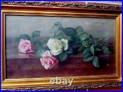 Antique Pink WHITE ROSES Oil Painting Gold FRAME Lstd Charlotte LILLA YALE c1900