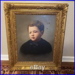 Antique Portrait Boy Canvas Painting Gold Ornate Gesso Wood Frame 1882