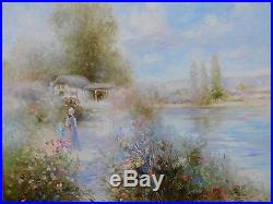 Antique Signed Original Framed Oil on Canvas Painting of French Mother & Daughte