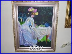 Antique Signed oil painting 16 x 20 original GALION afternoon tea RENOIR SUBLIME