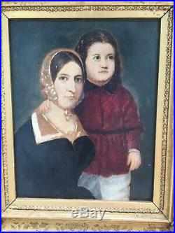 Antique Small Mother & Child Portrait Original Oil Painting on Paper 8x6 Old
