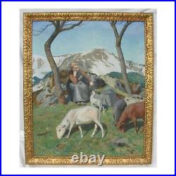 Antique Swiss Oil on canvas Painting Bergère sur l'Alpe signed WIDMER