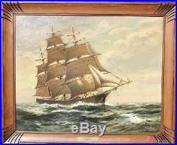 Antique T BAILEY Original Oil Painting on canvas Ship on the Ocean Framed