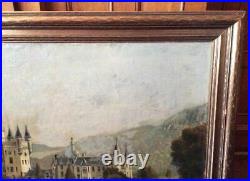 Antique Victorian European Landscape Oil Painting Great Old Castles & Fishermen