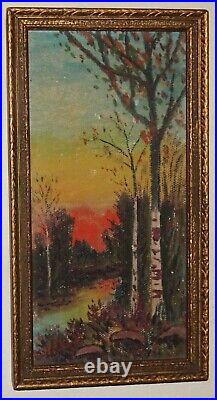 Antique/Vintage Forest Sunset Landscape Oil On Canvas Painting Ornate Gilt Frame