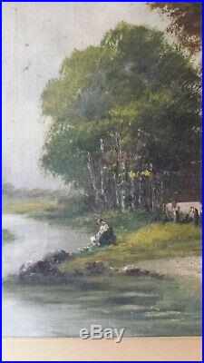Antique/Vintage Original Oil Painting on Canvas by Mala, Rural River Landscape