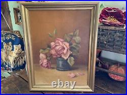Antique Vintage PINK ROSES Oil on Canvas in Gold Gilt Frame