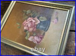 Antique Vintage PINK ROSES Oil on Canvas in Gold Gilt Frame